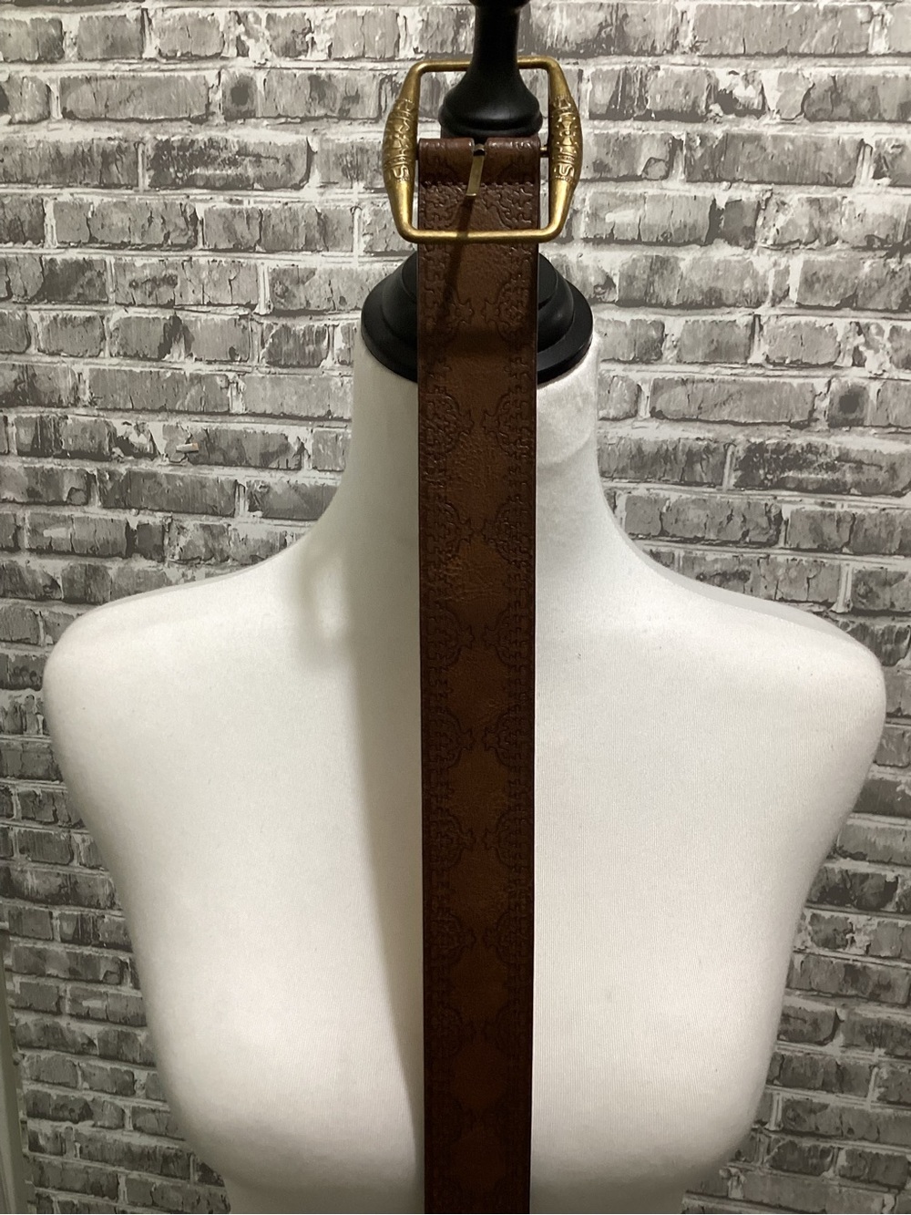 Classic Womens Brown Embossed Faux Leather Belt with Brass Buckle Size M